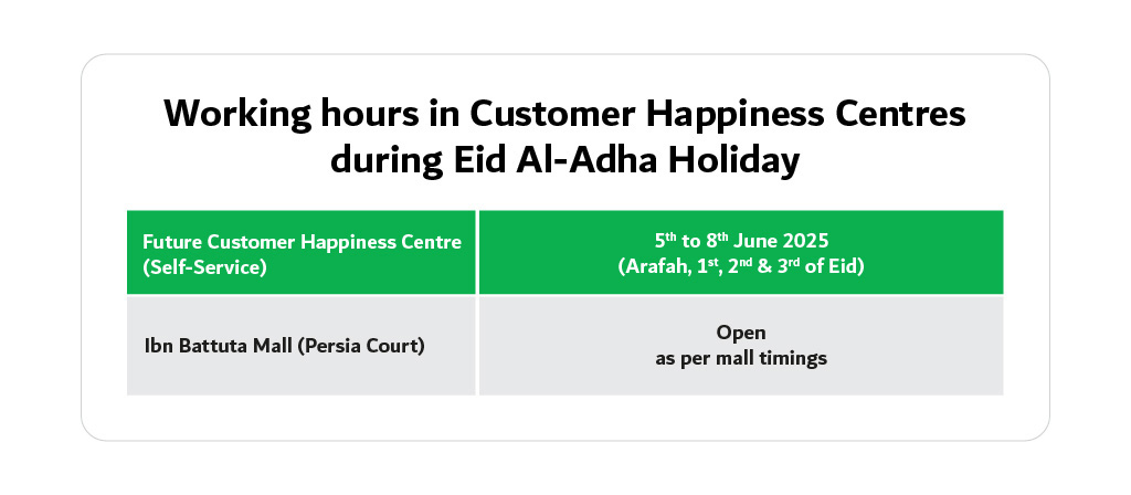 Working Hours at Customer Happiness Centres during Eid Al Adha Holiday
